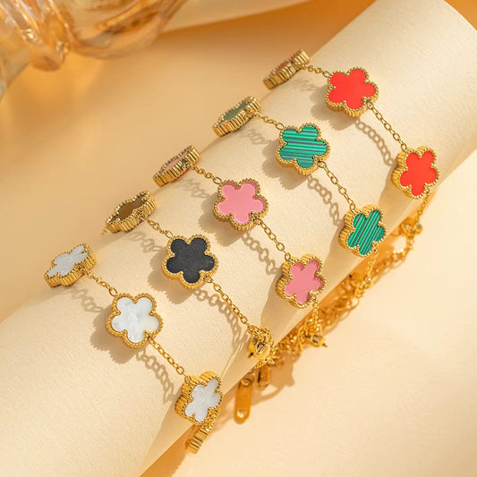 Fashion Lucky Five-Leaf Flower Stainless Steel Bracelets for Women Trendy Adjustable Bracelet Party Birthday Daily Cute Jewelry
